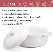 Load image into Gallery viewer, Casserole Dish, 2 Quart Round Ceramic Bakeware with Cover, Lace Emboss Baking Dish for Dinner, Banquet and Party (White)