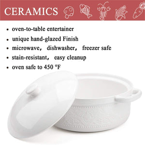 Casserole Dish, 2 Quart Round Ceramic Bakeware with Cover, Lace Emboss Baking Dish for Dinner, Banquet and Party (White)