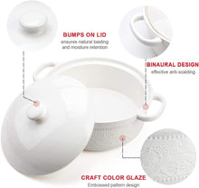 Load image into Gallery viewer, Casserole Dish, 2 Quart Round Ceramic Bakeware with Cover, Lace Emboss Baking Dish for Dinner, Banquet and Party (White)