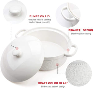 Casserole Dish, 2 Quart Round Ceramic Bakeware with Cover, Lace Emboss Baking Dish for Dinner, Banquet and Party (White)