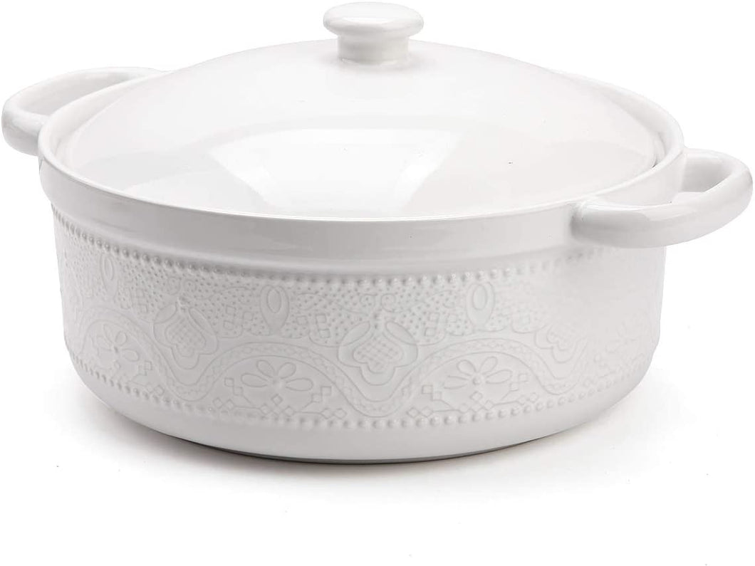 Casserole Dish, 2 Quart Round Ceramic Bakeware with Cover, Lace Emboss Baking Dish for Dinner, Banquet and Party (White)