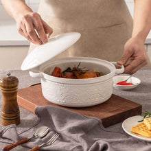 Load image into Gallery viewer, Casserole Dish, 2 Quart Round Ceramic Bakeware with Cover, Lace Emboss Baking Dish for Dinner, Banquet and Party (White)