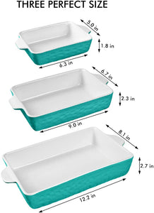 Bakeware Set, Ceramic Baking Dish, Rectangular Baking Pans Set, Casserole Dish for Cooking, Cake Dinner, Kitchen, Wrapping Upgrade, 12 x 8.5 Inches, 3-Piece (Cyan)