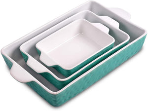 Bakeware Set, Ceramic Baking Dish, Rectangular Baking Pans Set, Casserole Dish for Cooking, Cake Dinner, Kitchen, Wrapping Upgrade, 12 x 8.5 Inches, 3-Piece (Cyan)