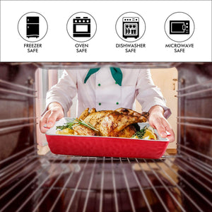 Bakeware Set, Ceramic Baking Dish, Rectangular Baking Pans Set, Casserole Dish for Cooking, Cake Dinner, Kitchen, Wrapping Upgrade, 12 x 8.5 Inches, 3-Piece (Red)