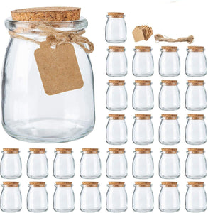 Mini Yogurt Jars 30 Pack, 7 oz Glass Favor Jars with Cork Lids, Glass Pudding jars, Glass Containers with Lids, Mason Jar Wedding Favors Honey Pot with Label Tags and String
