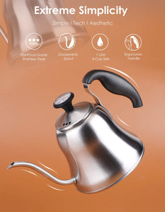 Tea Kettle with Thermometer for Stove Top Gooseneck Kettle, Small Pour Over Coffee Kettle, Goose Neck Tea Pot Stovetop Teapot, Hot Water Heater for Camping, Home & Kitchen, Stainless Steel