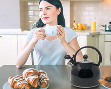 Load image into Gallery viewer, 2.5 Liter Whistling Tea Kettle - Modern Stainless Steel Whistling Tea Pot for Stovetop with Cool Grip Ergonomic Handle (Black)