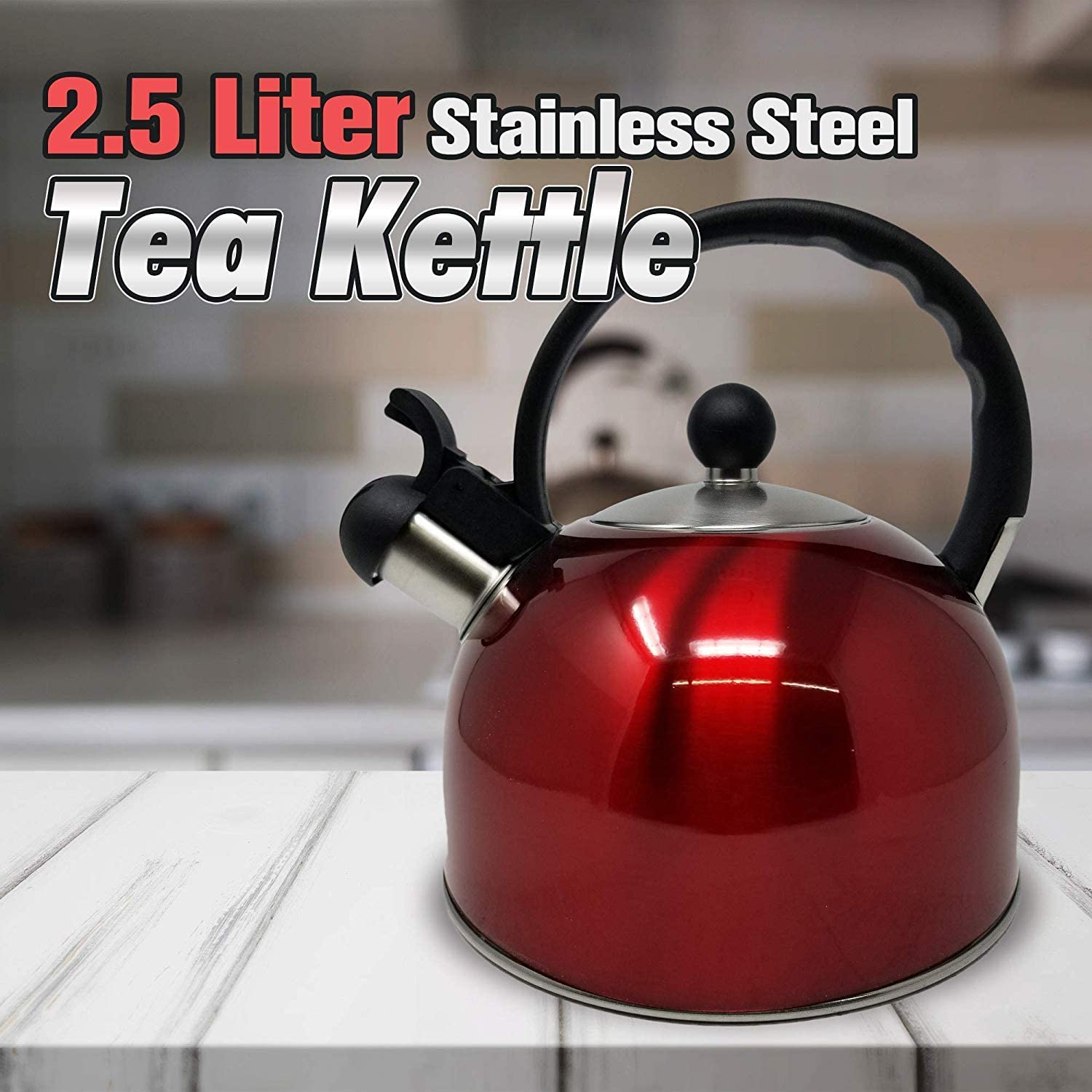 Stainless Steel, RED Colored 2.5 Quart Whistling Tea Kettle Pot