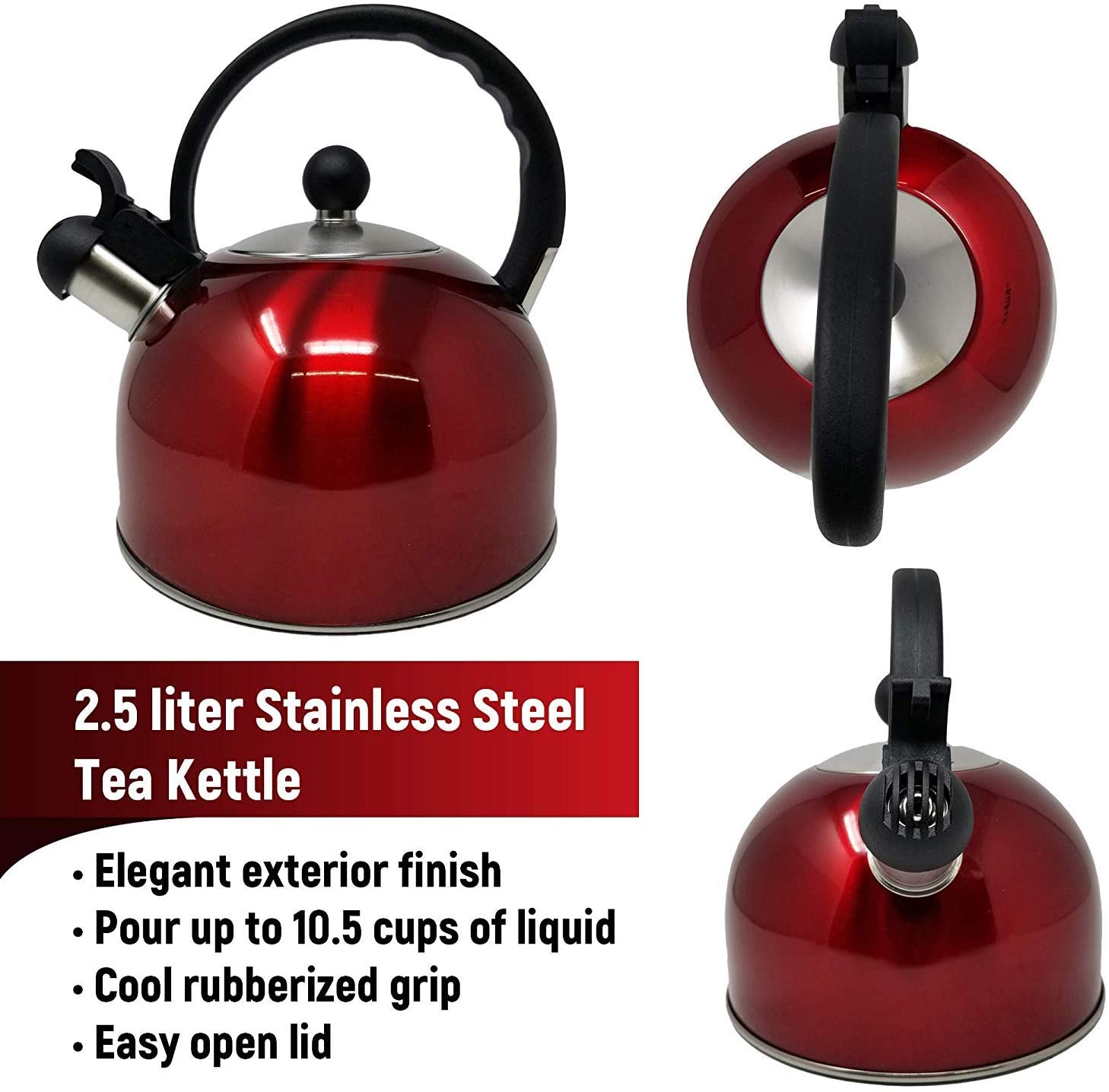 Rorence Whistling Tea Kettle: 2.5 Quart Stainless Steel Kettle with Capsule  Bottom & Heat-resistant Glass Lid (Red)