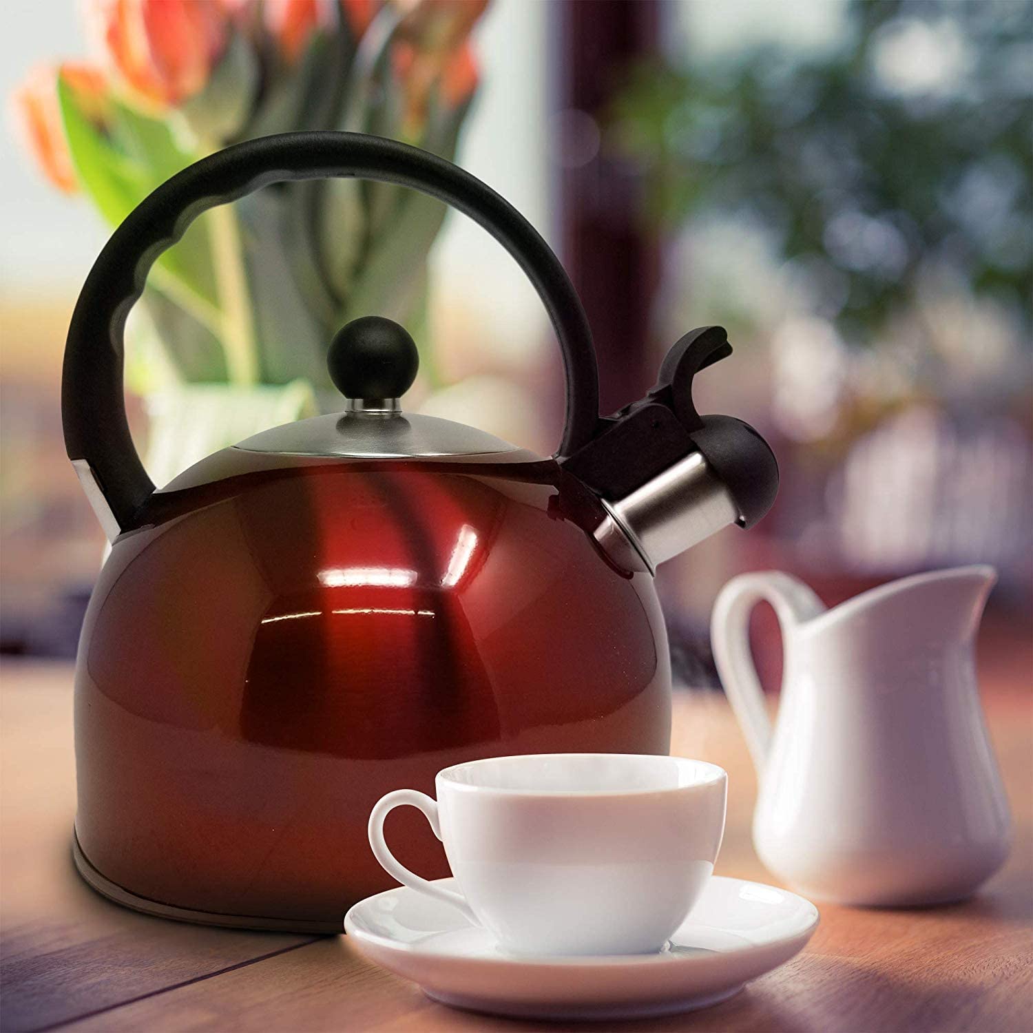 Rorence Whistling Tea Kettle: 2.5 Quart Stainless Steel Kettle with Capsule  Bottom & Heat-resistant Glass Lid (Red)