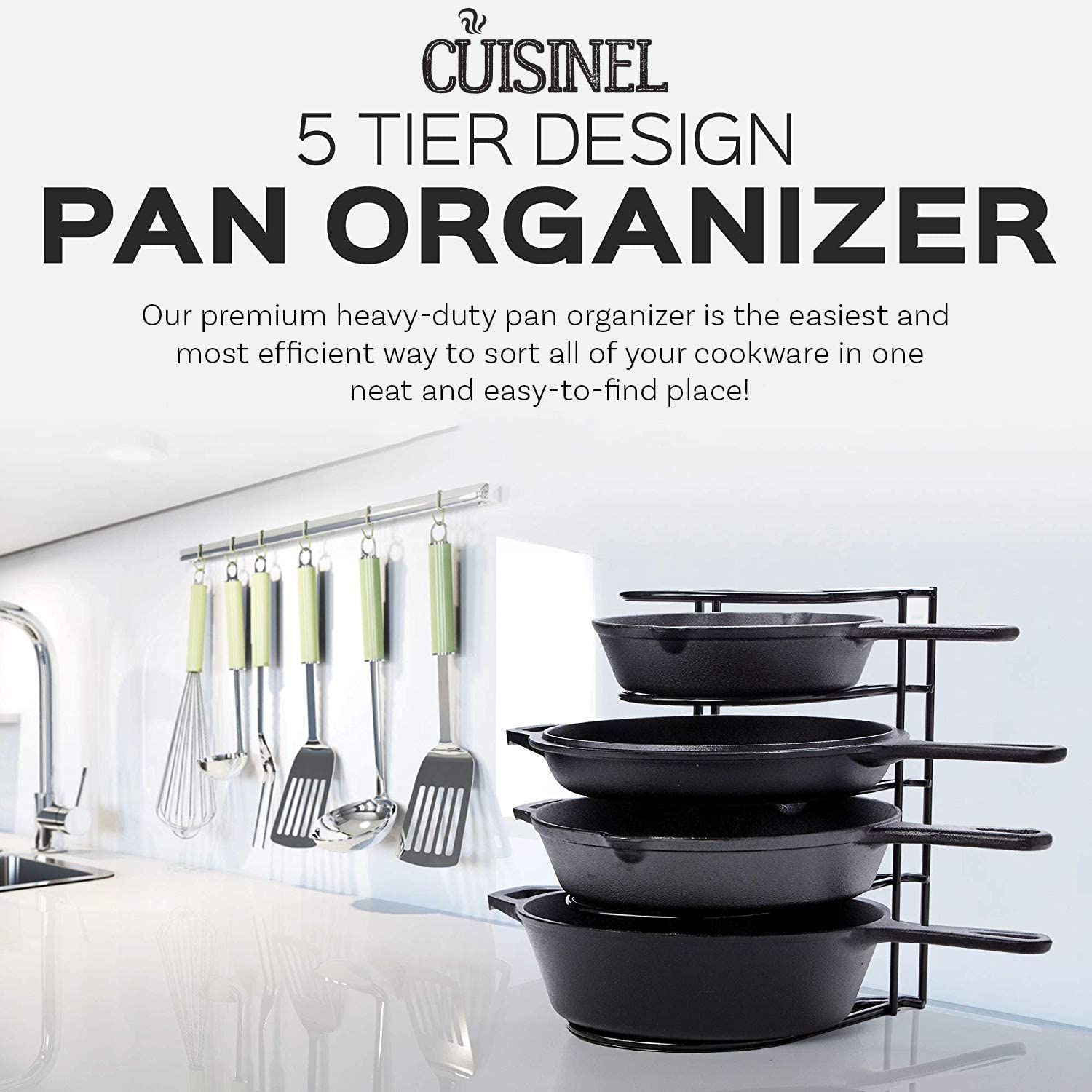 Cuisinel Heavy Duty Steel Construction Extra Large 5 Pan and Pot Organizer 5 Tier Rack, 12.2 inch, Black
