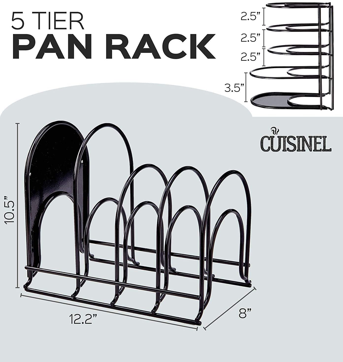 Cuisinel Heavy Duty Steel Construction Extra Large 5 Pan and Pot Organizer 5 Tier Rack, 12.2 inch, Black