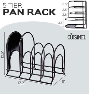 Heavy Duty Pan Organizer, 5 Tier Rack - Holds up to 50 LB - Holds Cast Iron Skillets, Griddles and Shallow Pots - Durable Steel Construction