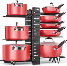 Load image into Gallery viewer, Pan Organizer Rack for Cabinet, Pot Rack with 3 DIY Methods, Adjustable Pots and Pans Organizer under Cabinet with 8 Tiers, Large &amp; Small Pot Organizer Rack for Cabinet Kitchen Cookware Organizer