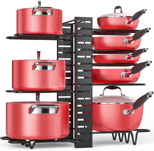 Pan Organizer Rack for Cabinet, Pot Rack with 3 DIY Methods, Adjustable Pots and Pans Organizer under Cabinet with 8 Tiers, Large & Small Pot Organizer Rack for Cabinet Kitchen Cookware Organizer