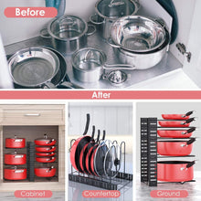 Load image into Gallery viewer, Pan Organizer Rack for Cabinet, Pot Rack with 3 DIY Methods, Adjustable Pots and Pans Organizer under Cabinet with 8 Tiers, Large &amp; Small Pot Organizer Rack for Cabinet Kitchen Cookware Organizer