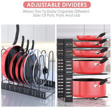 Load image into Gallery viewer, Pan Organizer Rack for Cabinet, Pot Rack with 3 DIY Methods, Adjustable Pots and Pans Organizer under Cabinet with 8 Tiers, Large &amp; Small Pot Organizer Rack for Cabinet Kitchen Cookware Organizer