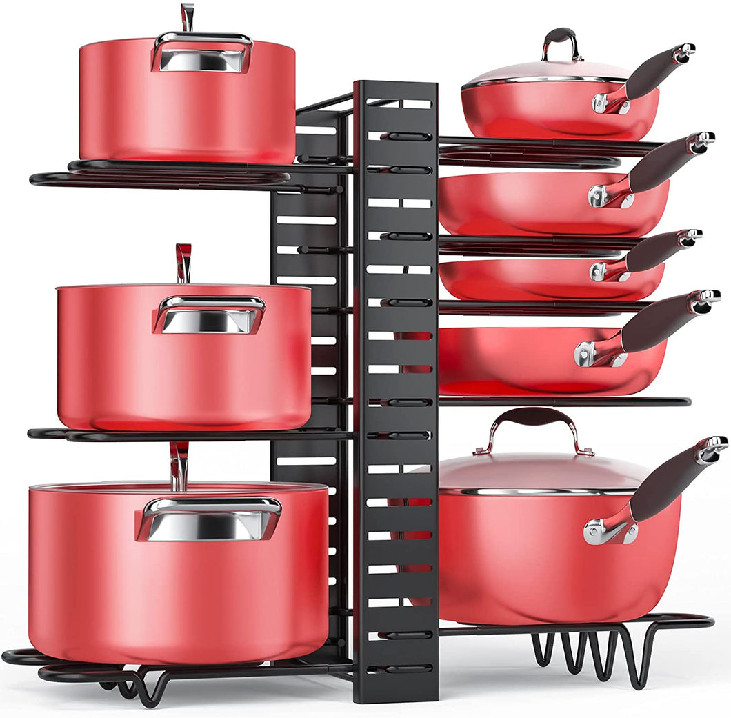 Pan Organizer Rack for Cabinet, Pot Rack with 3 DIY Methods, Adjustable Pots and Pans Organizer under Cabinet with 8 Tiers, Large & Small Pot Organizer Rack for Cabinet Kitchen Cookware Organizer