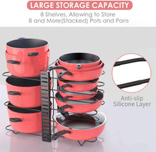 Load image into Gallery viewer, Pan Organizer Rack for Cabinet, Pot Rack with 3 DIY Methods, Adjustable Pots and Pans Organizer under Cabinet with 8 Tiers, Large &amp; Small Pot Organizer Rack for Cabinet Kitchen Cookware Organizer