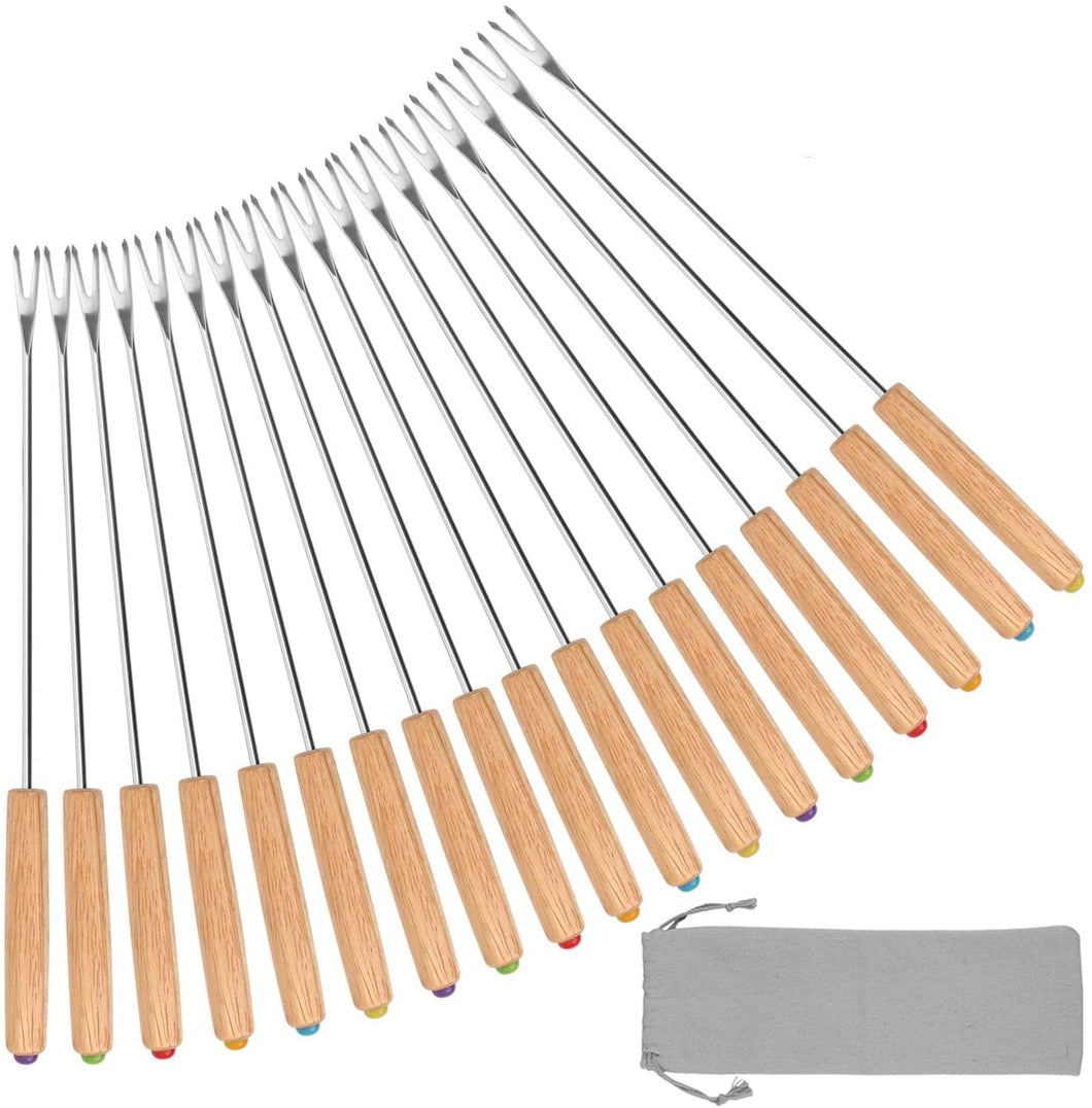 Fondue Fork, 18Pcs Stainless Steel Color Coding Fondue Forks with Oak Wood Handle Heat Resistant for Chocolate Fountain Cheese Fondue Roast Marshmallows, 9.5 Inch