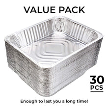 Load image into Gallery viewer, 9x13 Aluminum Pans Disposable (30-Pack) - HEAVY DUTY - Half-Size Deep Foil Pans. Great for Baking, Cooking, Grilling, Serving &amp; Lining Steam-Table Trays/Chafers. Pan Size - 12 1/2&quot; x 10 1/4&quot; x 2 1/2&quot;