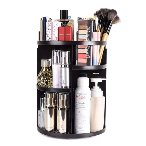 360 Rotating Makeup Organizer, DIY Adjustable Makeup Carousel Spinning Holder Storage Rack, Large Capacity Make up Caddy Shelf Cosmetics Organizer Box, Great for Countertop, Black