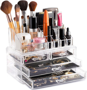 Clear Cosmetic Storage Organizer - Easily Organize Your Cosmetics, Jewelry and Hair Accessories. Looks Elegant Sitting on Your Vanity, Bathroom Counter or Dresser. Clear Design for Easy Visibility