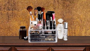 Clear Cosmetic Storage Organizer - Easily Organize Your Cosmetics, Jewelry and Hair Accessories. Looks Elegant Sitting on Your Vanity, Bathroom Counter or Dresser. Clear Design for Easy Visibility