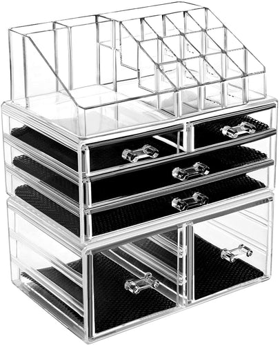 Makeup Organizer 3 Pieces Acrylic Cosmetic Storage Drawers and Jewelry Display Box, Clear