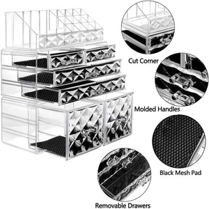 Makeup Organizer 3 Pieces Acrylic Cosmetic Storage Drawers and Jewelry Display Box, Clear Diamond Pattern