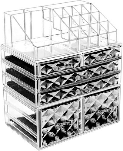 Makeup Organizer 3 Pieces Acrylic Cosmetic Storage Drawers and Jewelry Display Box, Clear Diamond Pattern