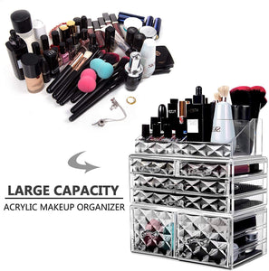 Makeup Organizer 3 Pieces Acrylic Cosmetic Storage Drawers and Jewelry Display Box, Clear Diamond Pattern