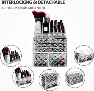 Makeup Organizer 3 Pieces Acrylic Cosmetic Storage Drawers and Jewelry Display Box, Clear Diamond Pattern