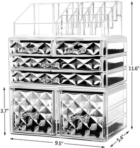 Makeup Organizer 3 Pieces Acrylic Cosmetic Storage Drawers and Jewelry Display Box, Clear Diamond Pattern