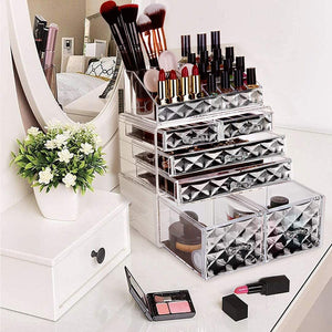 Makeup Organizer 3 Pieces Acrylic Cosmetic Storage Drawers and Jewelry Display Box, Clear Diamond Pattern