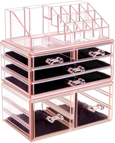 Makeup Organizer 3 Pieces Acrylic Cosmetic Storage Drawers and Jewelry Display Box, Pink