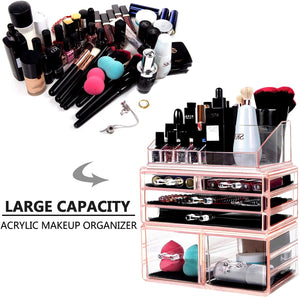 Makeup Organizer 3 Pieces Acrylic Cosmetic Storage Drawers and Jewelry Display Box, Pink