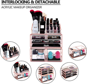 Makeup Organizer 3 Pieces Acrylic Cosmetic Storage Drawers and Jewelry Display Box, Pink