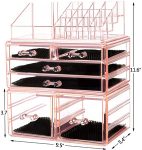 Makeup Organizer 3 Pieces Acrylic Cosmetic Storage Drawers and Jewelry Display Box, Pink