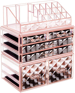 Makeup Organizer 3 Pieces Acrylic Cosmetic Storage Drawers and Jewelry Display Box, Pink Diamond Pattern