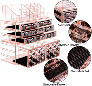 Makeup Organizer 3 Pieces Acrylic Cosmetic Storage Drawers and Jewelry Display Box, Pink Diamond Pattern