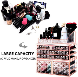 Makeup Organizer 3 Pieces Acrylic Cosmetic Storage Drawers and Jewelry Display Box, Pink Diamond Pattern