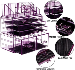 Makeup Organizer 3 Pieces Acrylic Cosmetic Storage Drawers and Jewelry Display Box, Violet