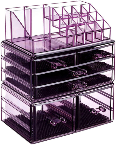 Makeup Organizer 3 Pieces Acrylic Cosmetic Storage Drawers and Jewelry Display Box, Violet