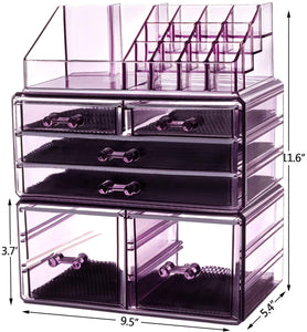 Makeup Organizer 3 Pieces Acrylic Cosmetic Storage Drawers and Jewelry Display Box, Violet