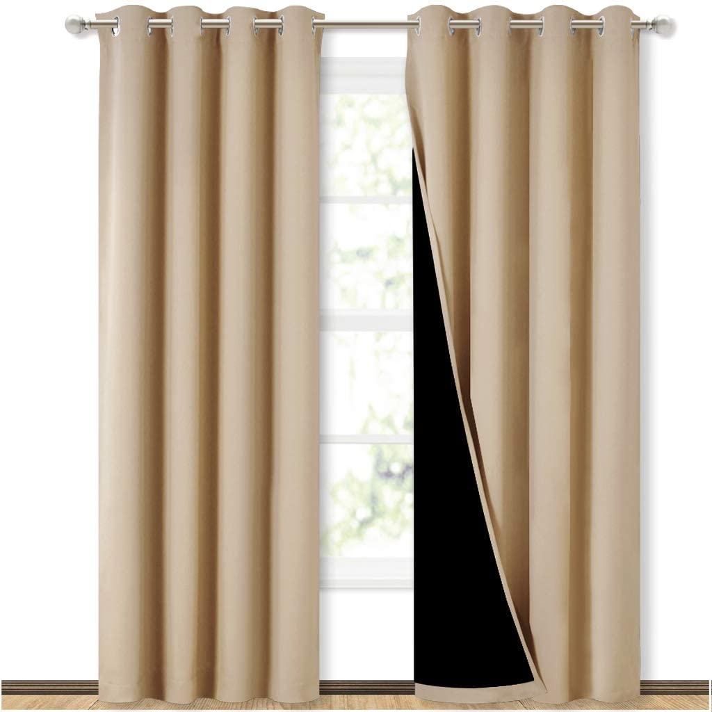 Bedroom Full Blackout Curtain Panels, Super Thick Insulated Grommet Drapes, Double-Layer Blackout Draperies with Black Liner for Small Window Set of 2 Panels Biscotti Beige
