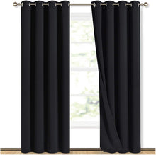 Load image into Gallery viewer, Bedroom Full Blackout Curtain Panels, Super Thick Insulated Grommet Drapes, Double-Layer Blackout Draperies with Black Liner for Small Window Set of 2 Panels Black