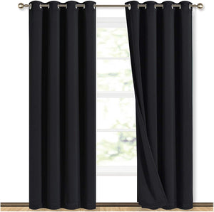 Bedroom Full Blackout Curtain Panels, Super Thick Insulated Grommet Drapes, Double-Layer Blackout Draperies with Black Liner for Small Window Set of 2 Panels Black