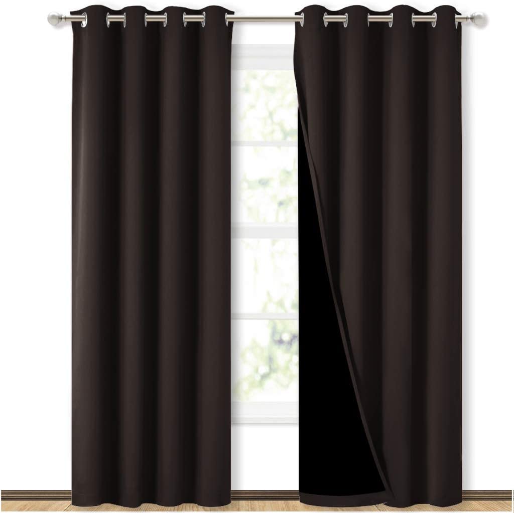 Bedroom Full Blackout Curtain Panels, Super Thick Insulated Grommet Drapes, Double-Layer Blackout Draperies with Black Liner for Small Window Set of 2 Panels Brown